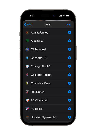 Team selection view of the MLS Season Pass application on an iPhone.