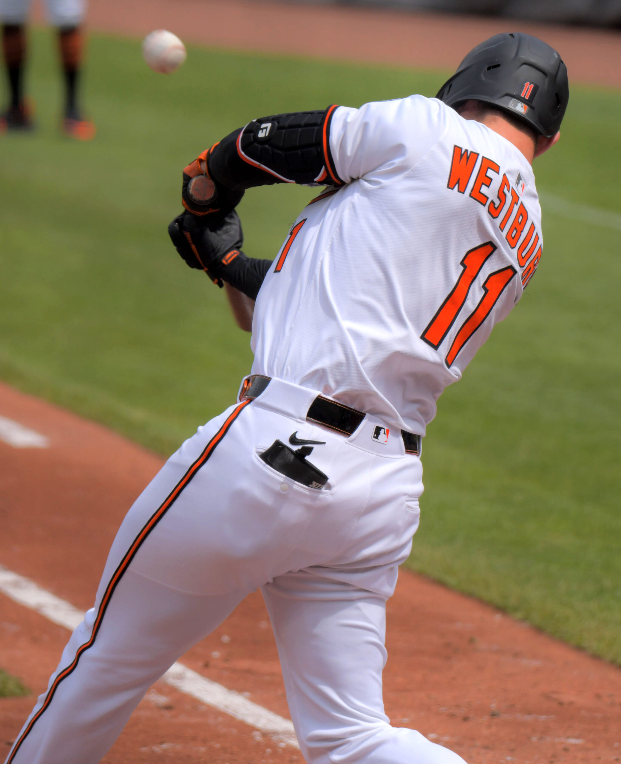 Baltimore Orioles batter Jordan Westburg drives a double off the...