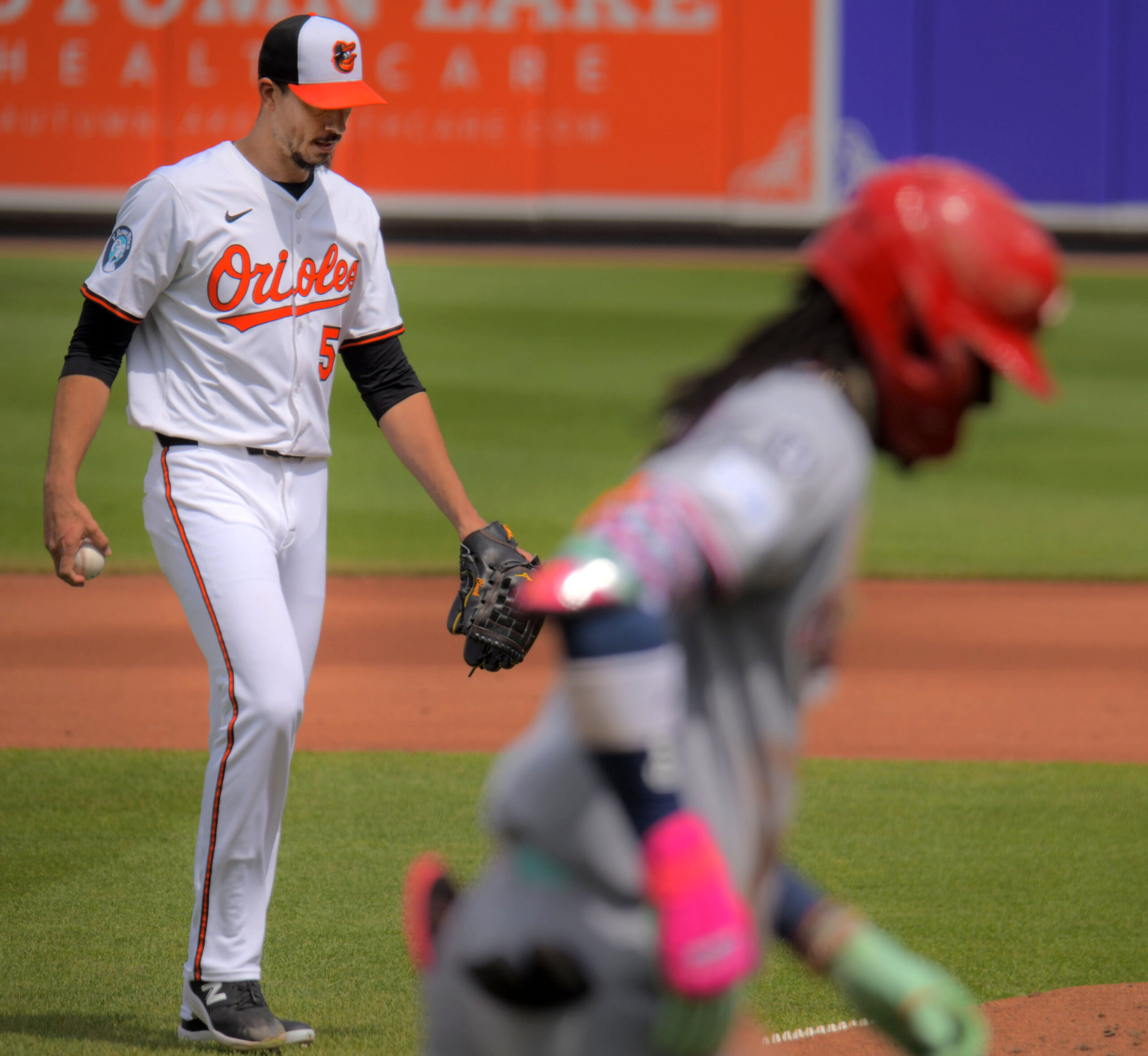 With a new baseball, Baltimore Orioles starting pitcher Charlie Morton...