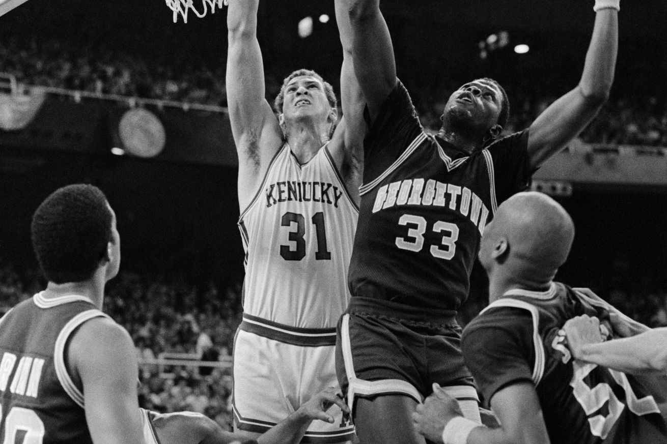 Patrick Ewing and Sam Bowie Battling for Rebound