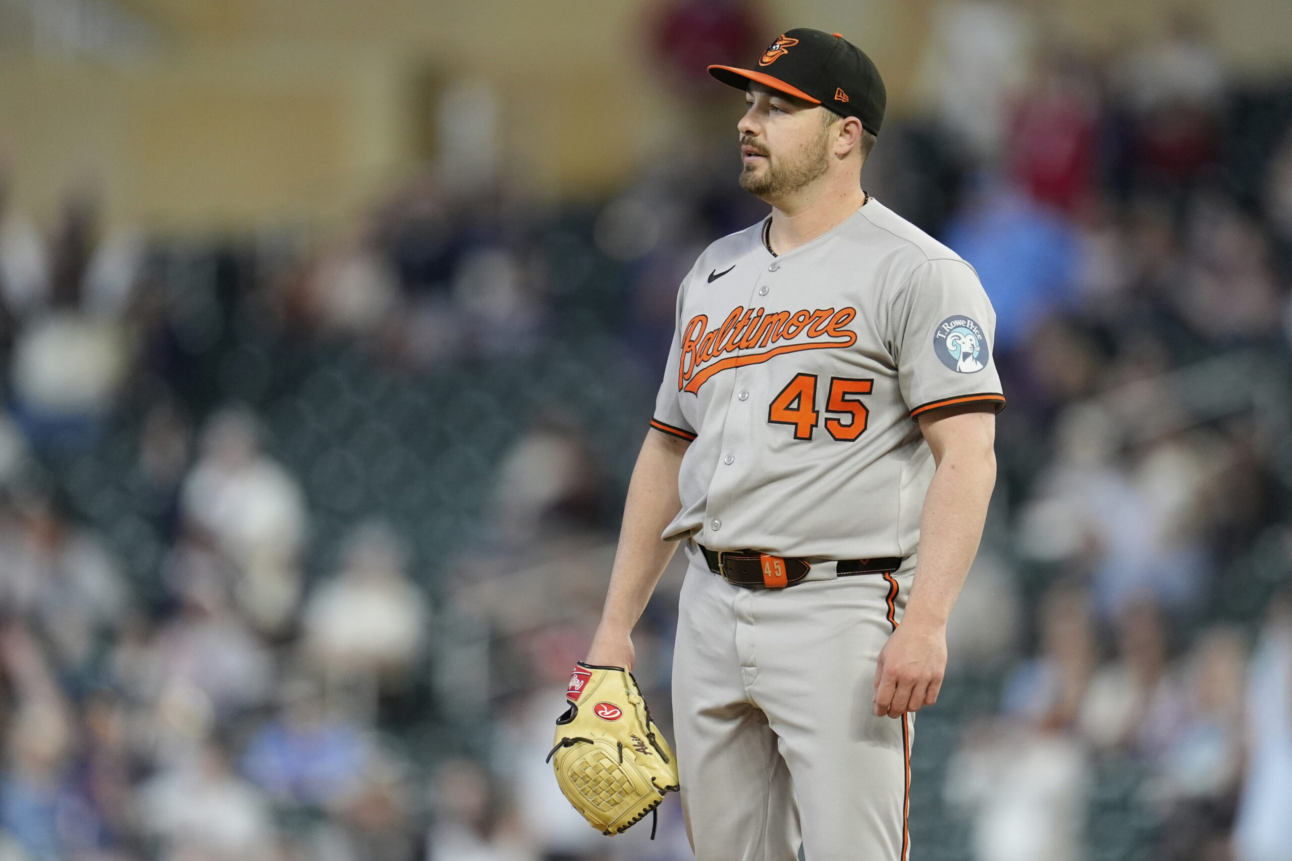 Baltimore Orioles relief pitcher Keegan Akin (45) stands on the...