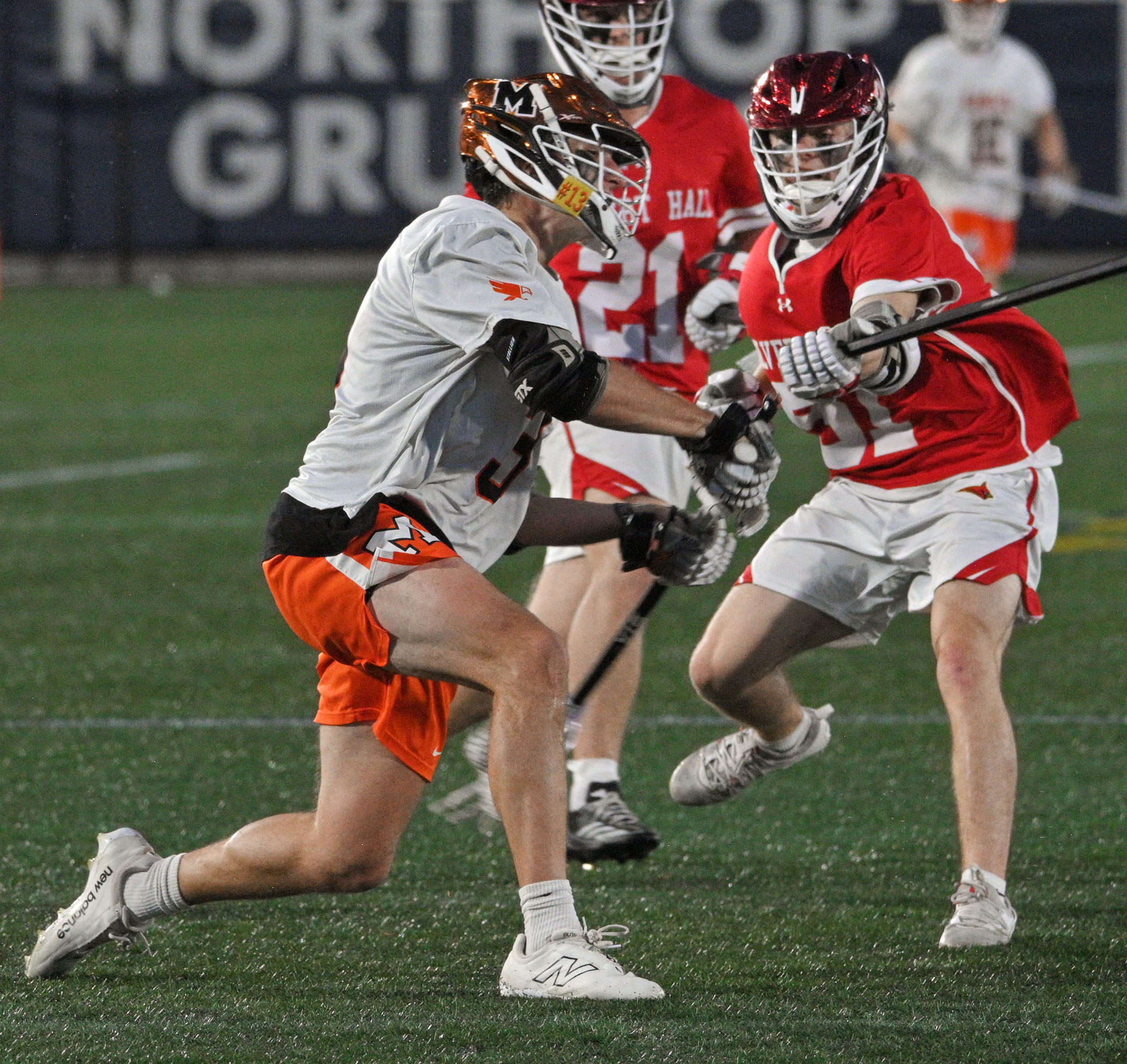 McDonogh’s Bogue Hahn, left, shoots against Calvert Hall’s Brody Dail,...