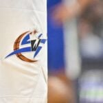 A view of the Washington Wizards logo during the game between Wizards and the Dallas Mavericks at the American Airlines Center.