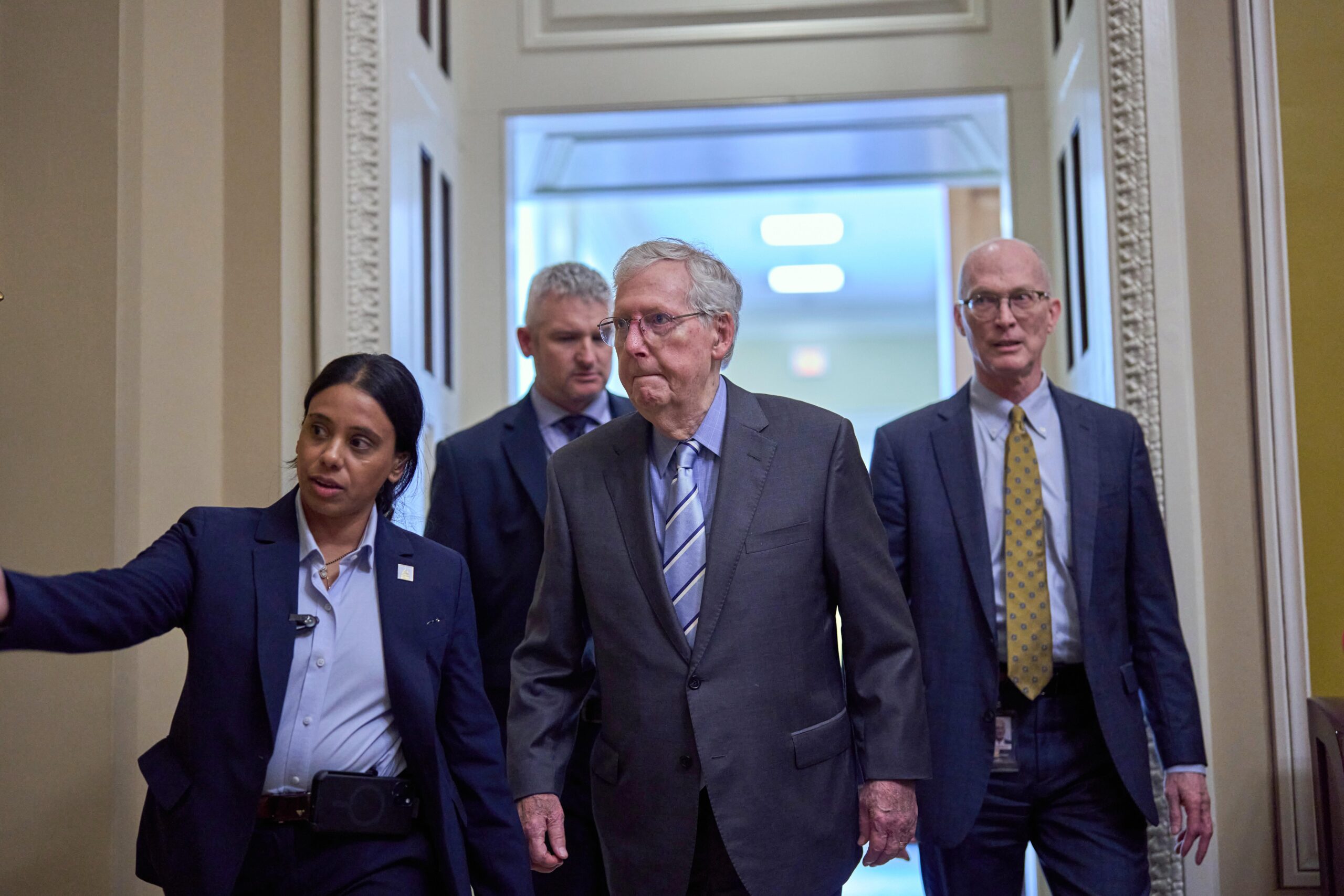 Sen. Mitch McConnell, R-Ky., leaves a meeting with White House...