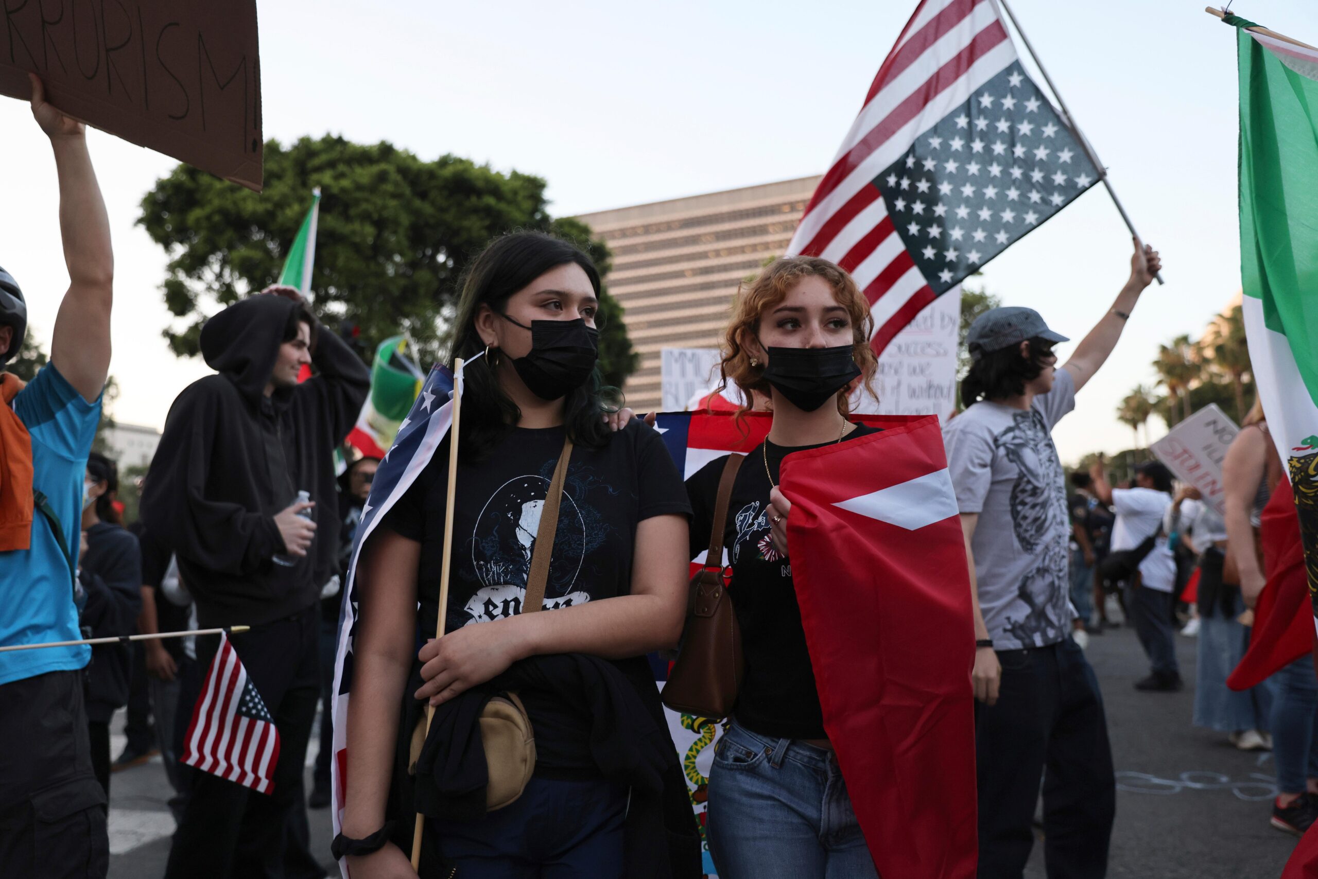 Protesters rally during a demonstration in response to a series...