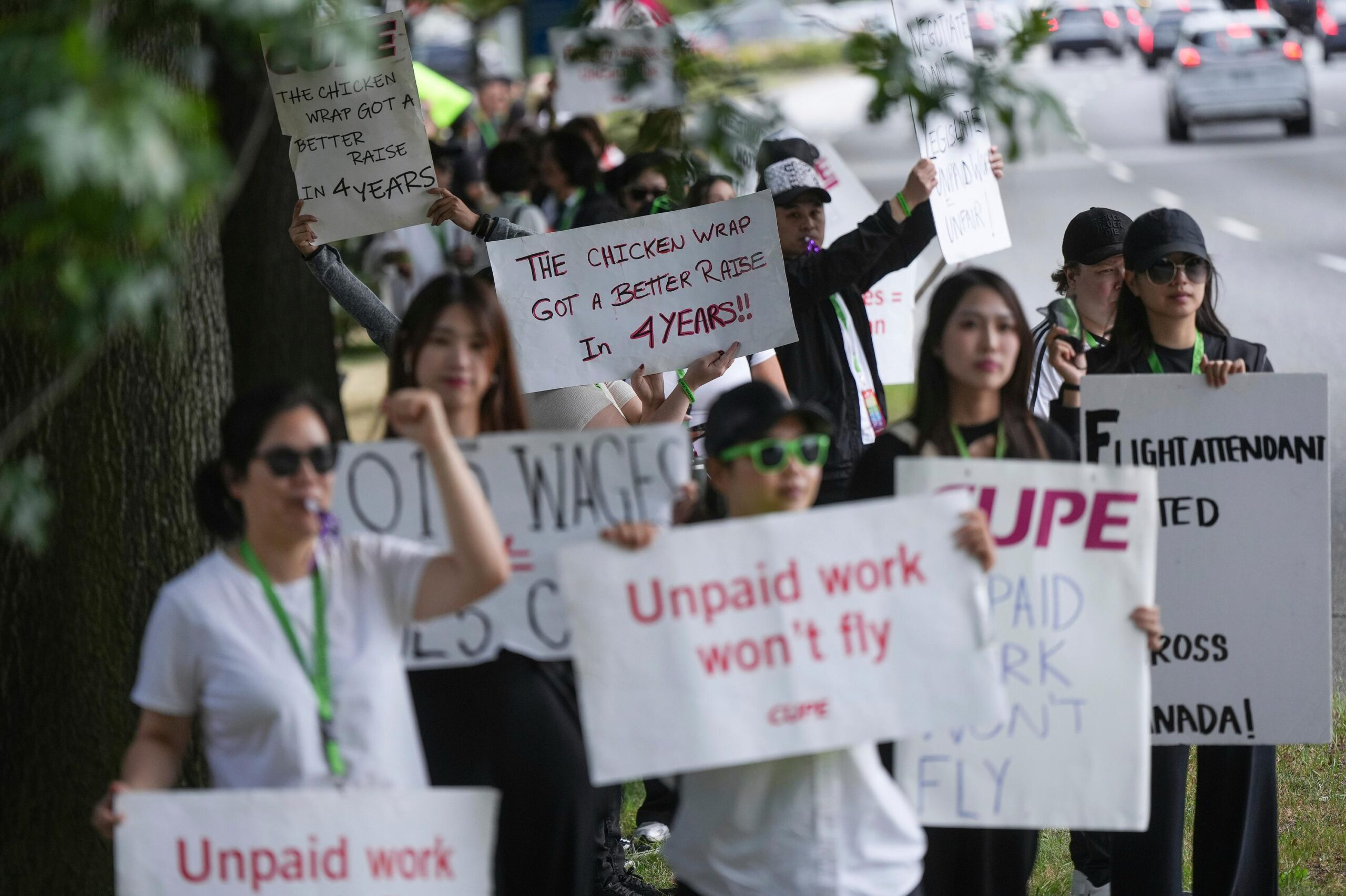 Striking Air Canada flight attendants rally at Vancouver International Airport,...