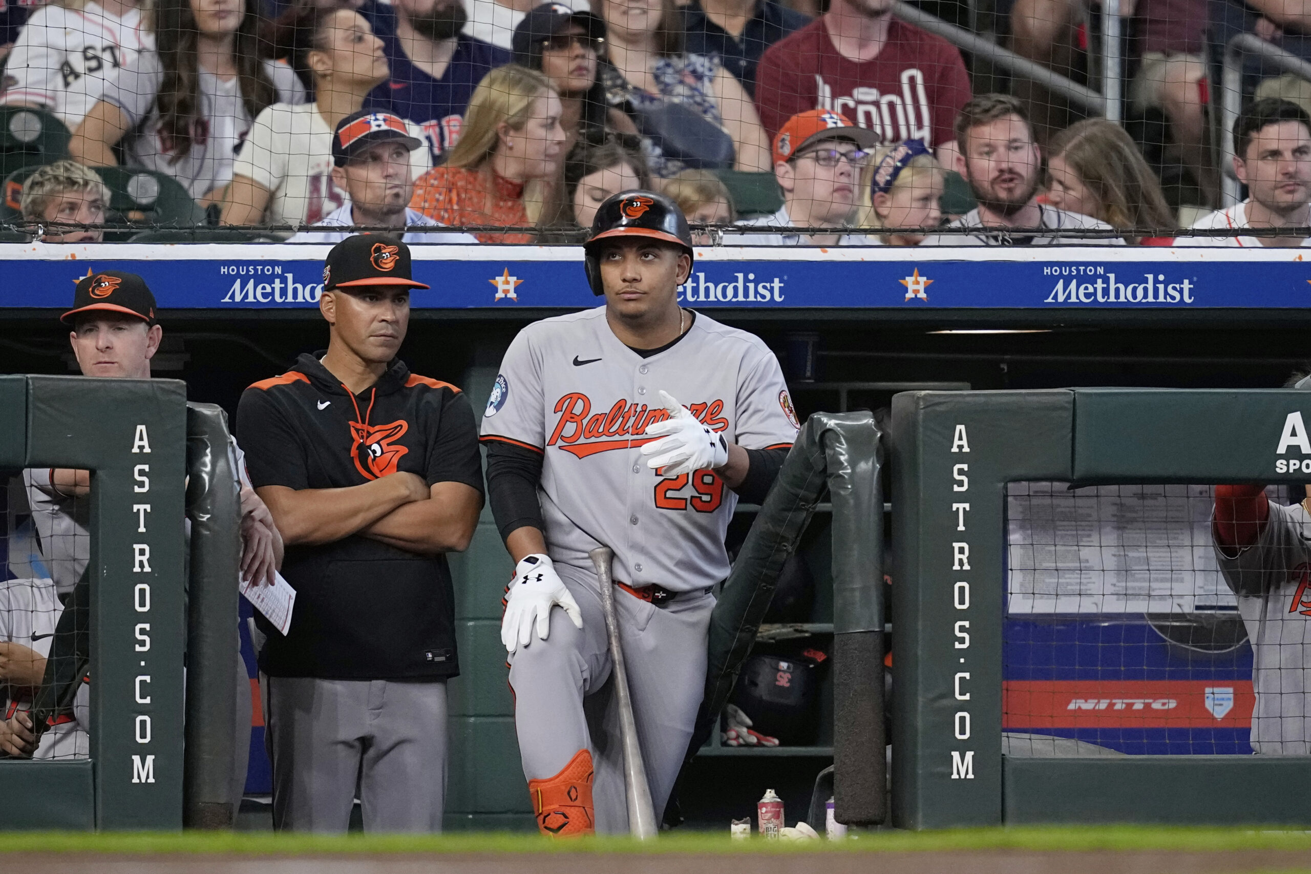 Baltimore Orioles' Samuel Basallo waits to bat Houston Astros during...