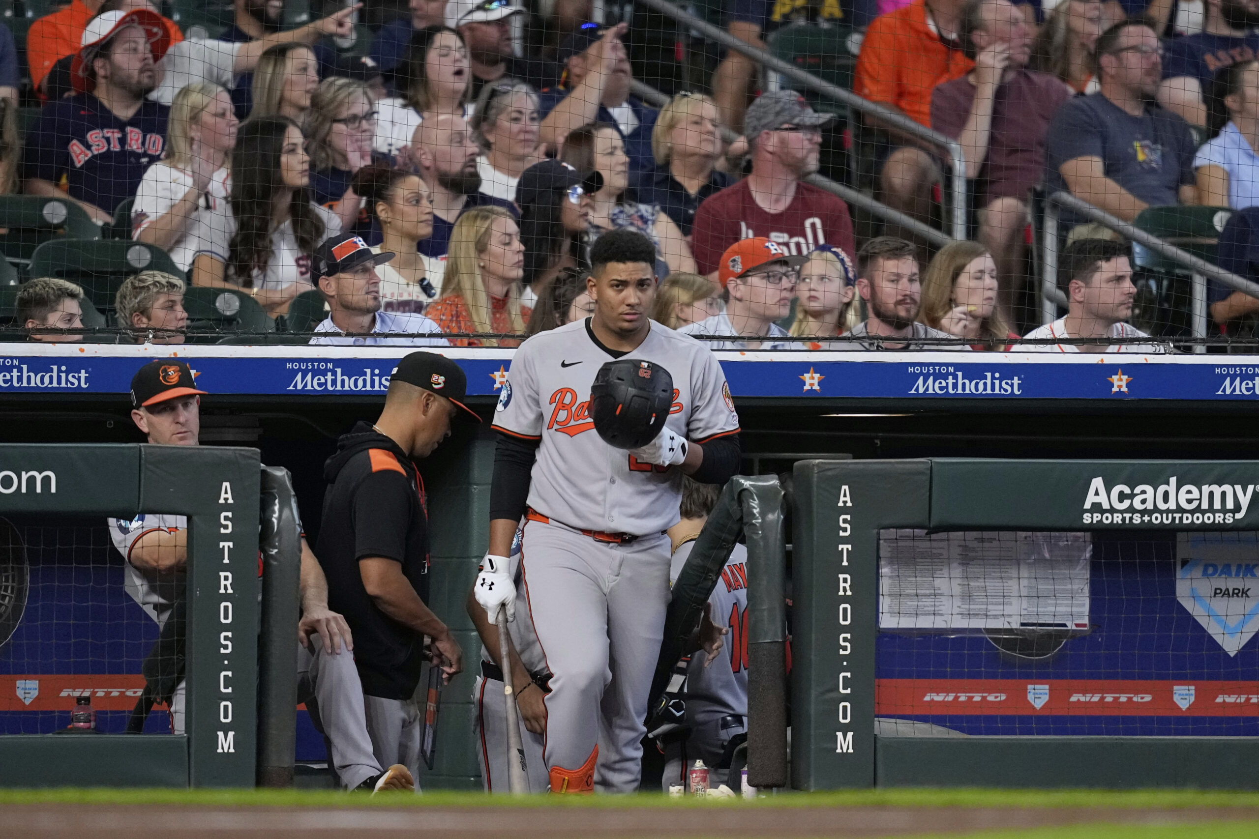Baltimore Orioles' Samuel Basallo makes his way to the on-deck...