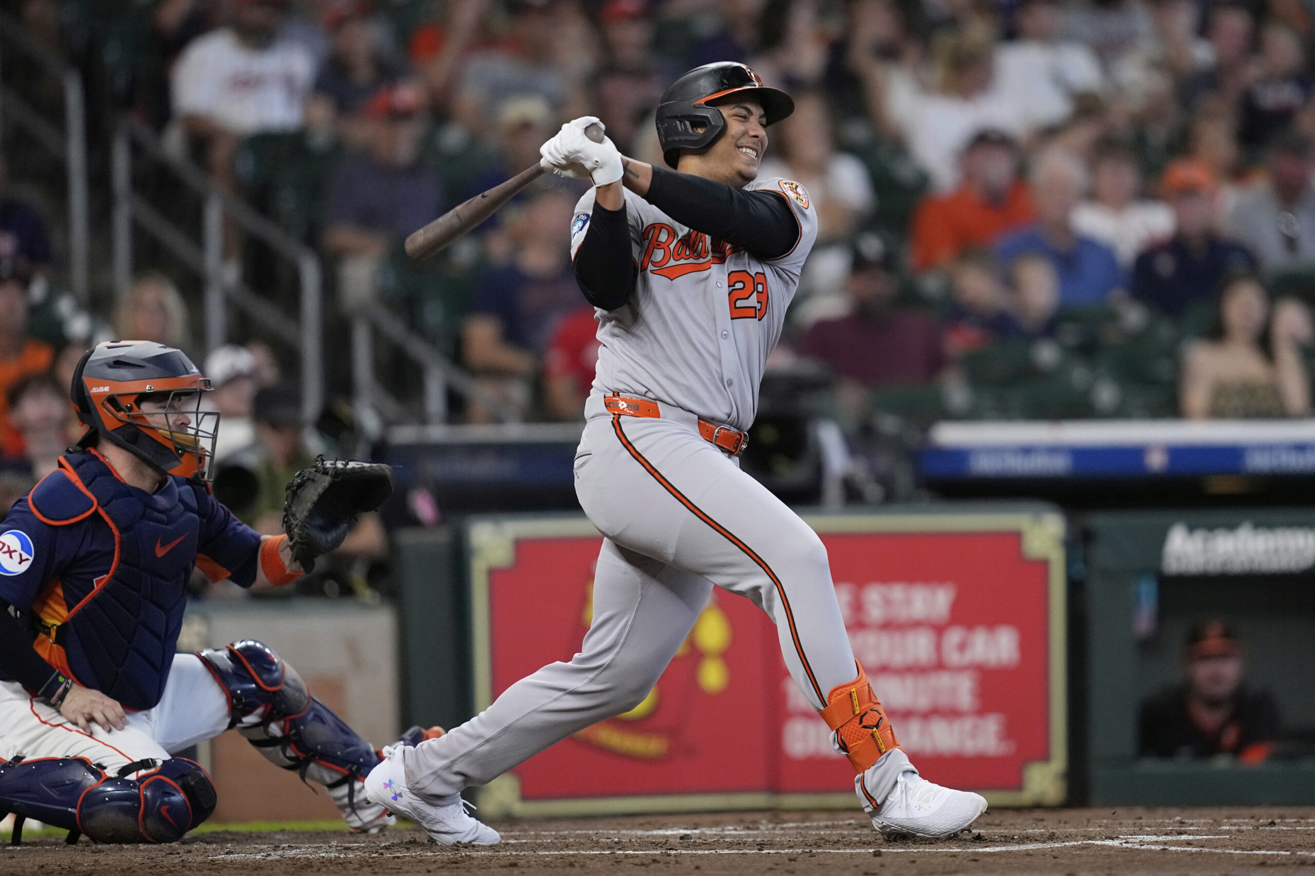 Baltimore Orioles' Samuel Basallo fouls a pitch against the Houston...