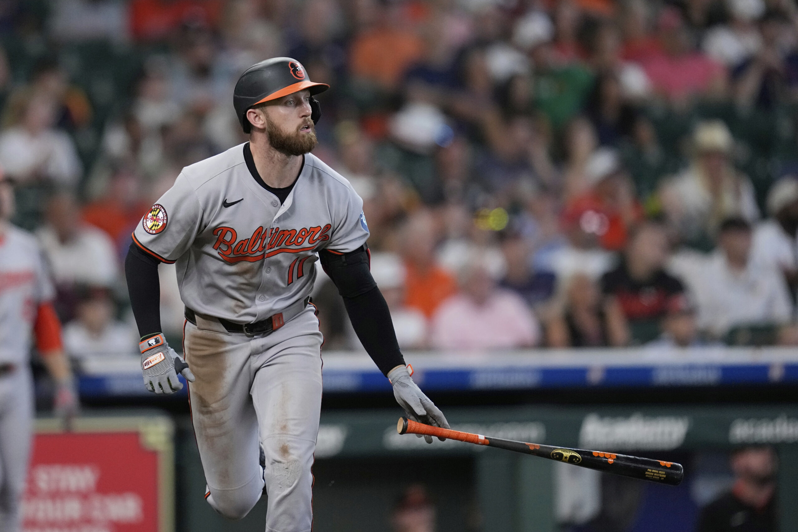 Baltimore Orioles' Jordan Westburg watches his three-run home run against...