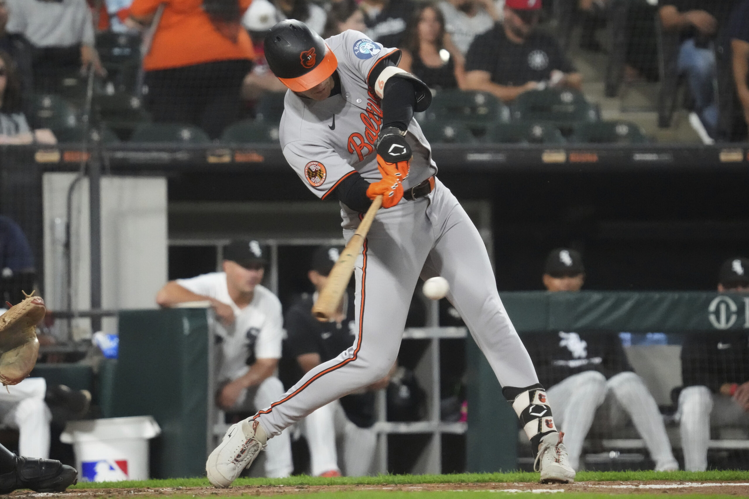 Baltimore Orioles's Coby Mayo hits a single during the second...