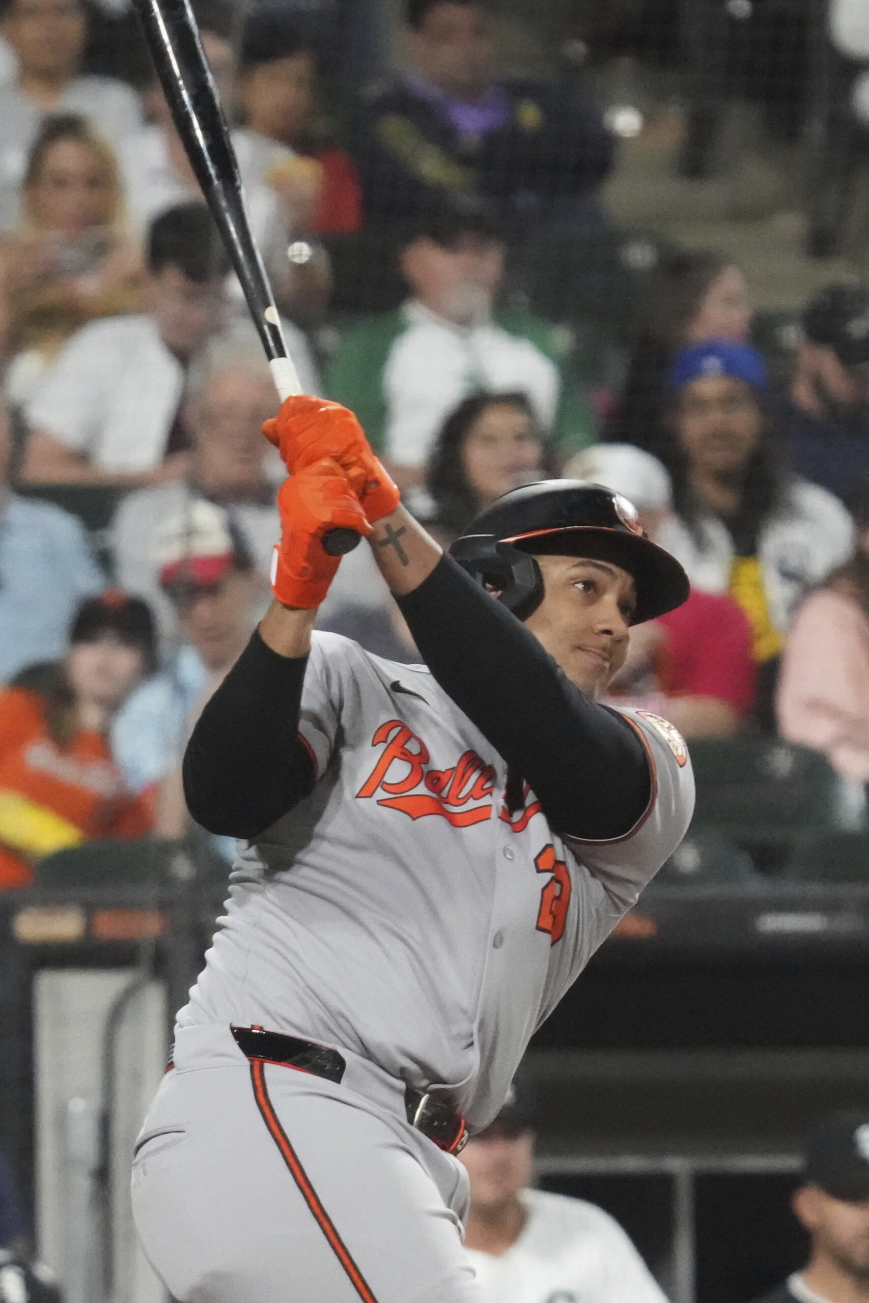 Baltimore Orioles' Samuel Basallo hits a two-run home run during...