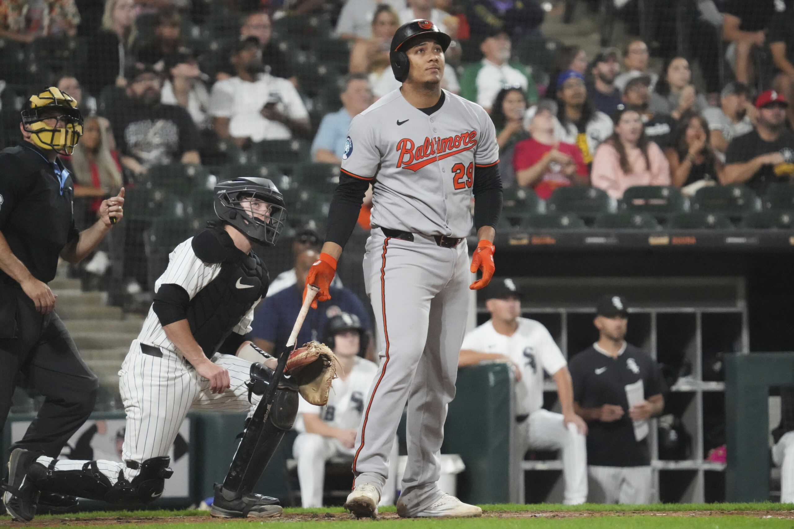 Baltimore Orioles' Samuel Basallo watches his two-run home run during...