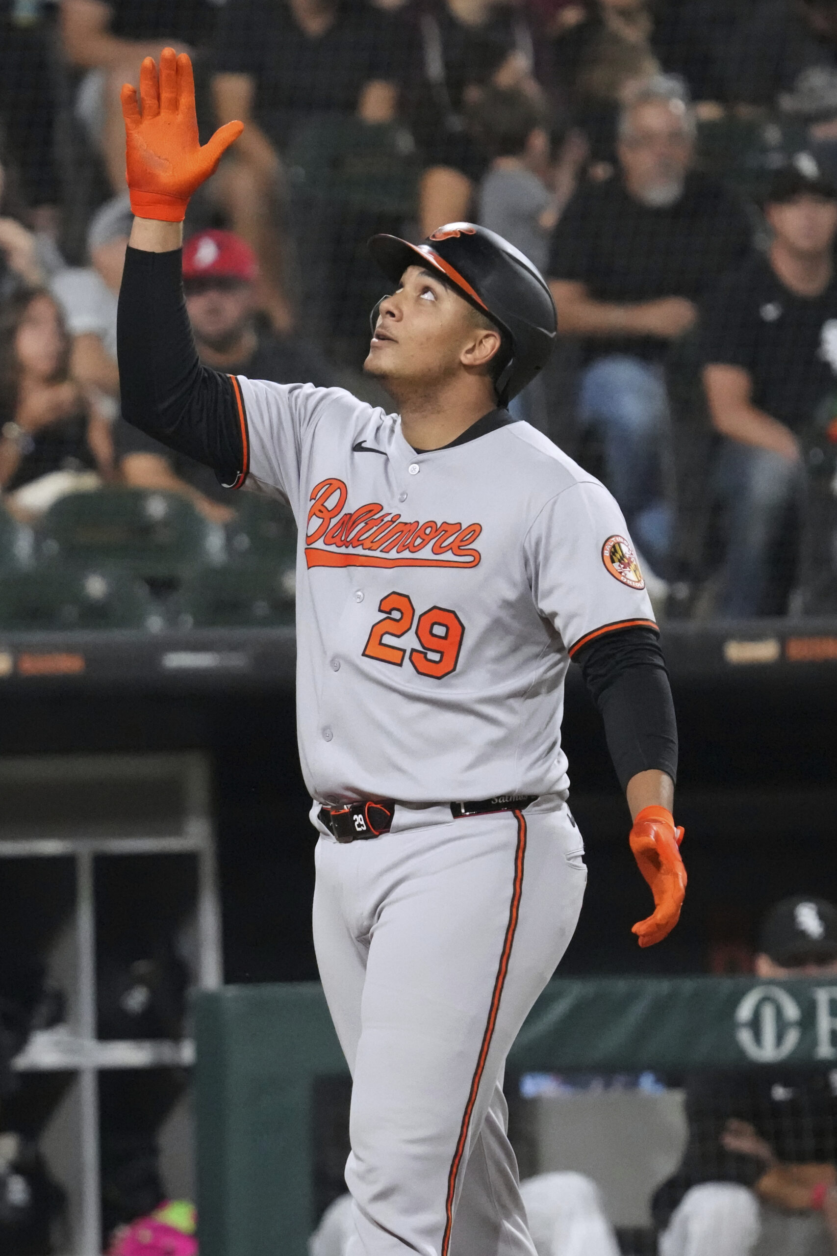 Baltimore Orioles' Samuel Basallo celebrates as he rounds the bases...