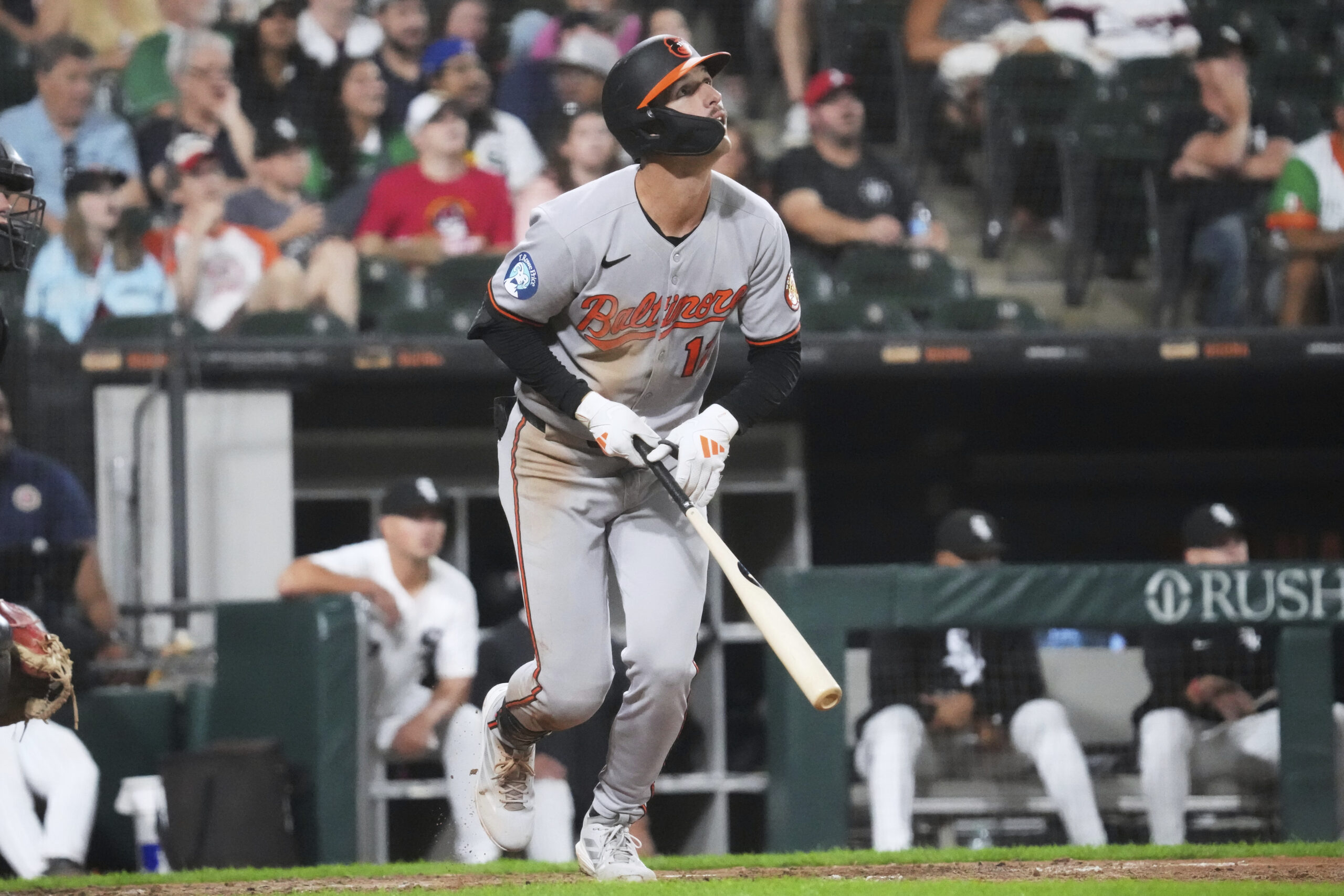 Baltimore Orioles' Dylan Beavers watches his two-run home run during...