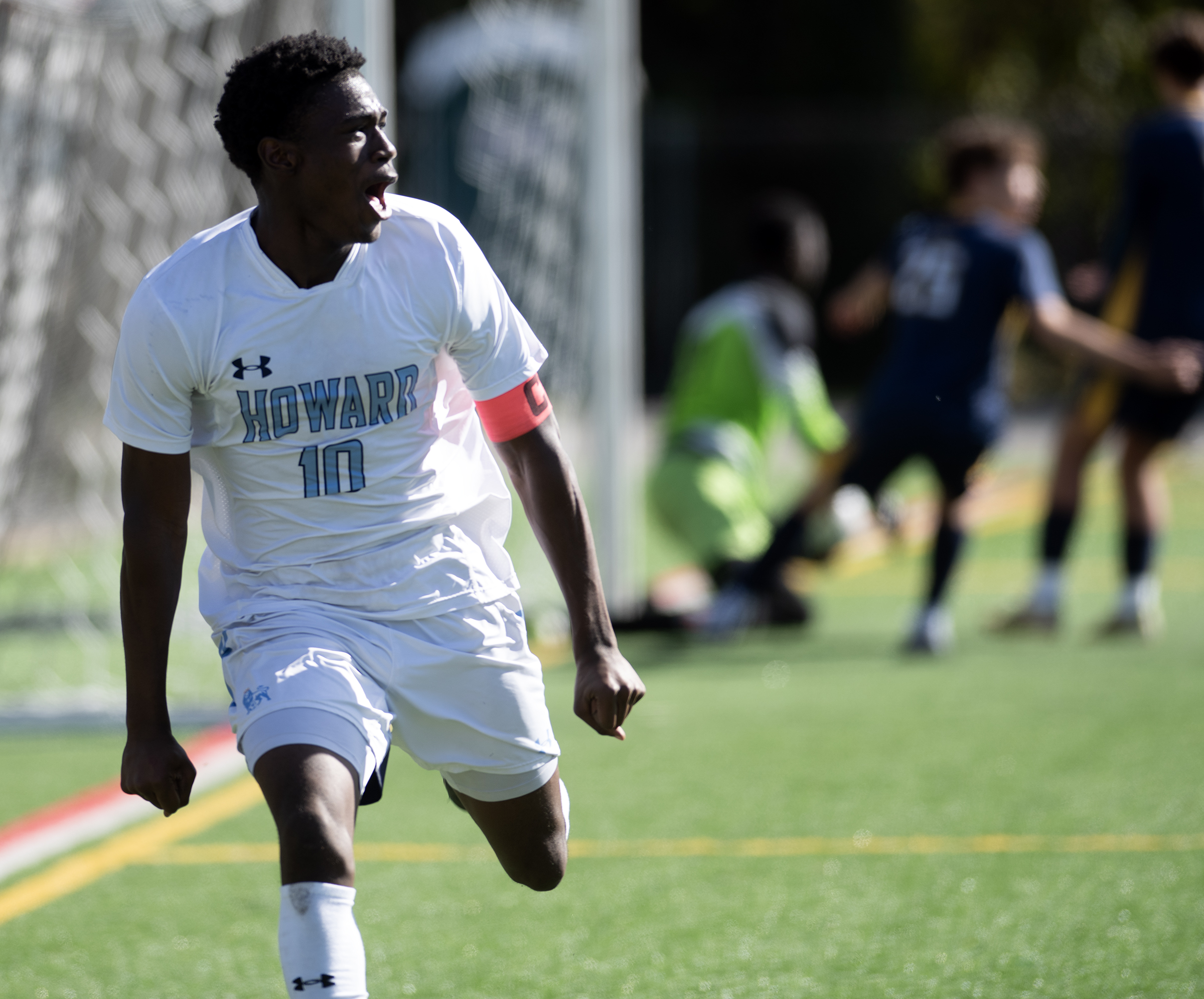 Oct. 25, 2025- Howard's Eben Koffi reacts after scoring on...