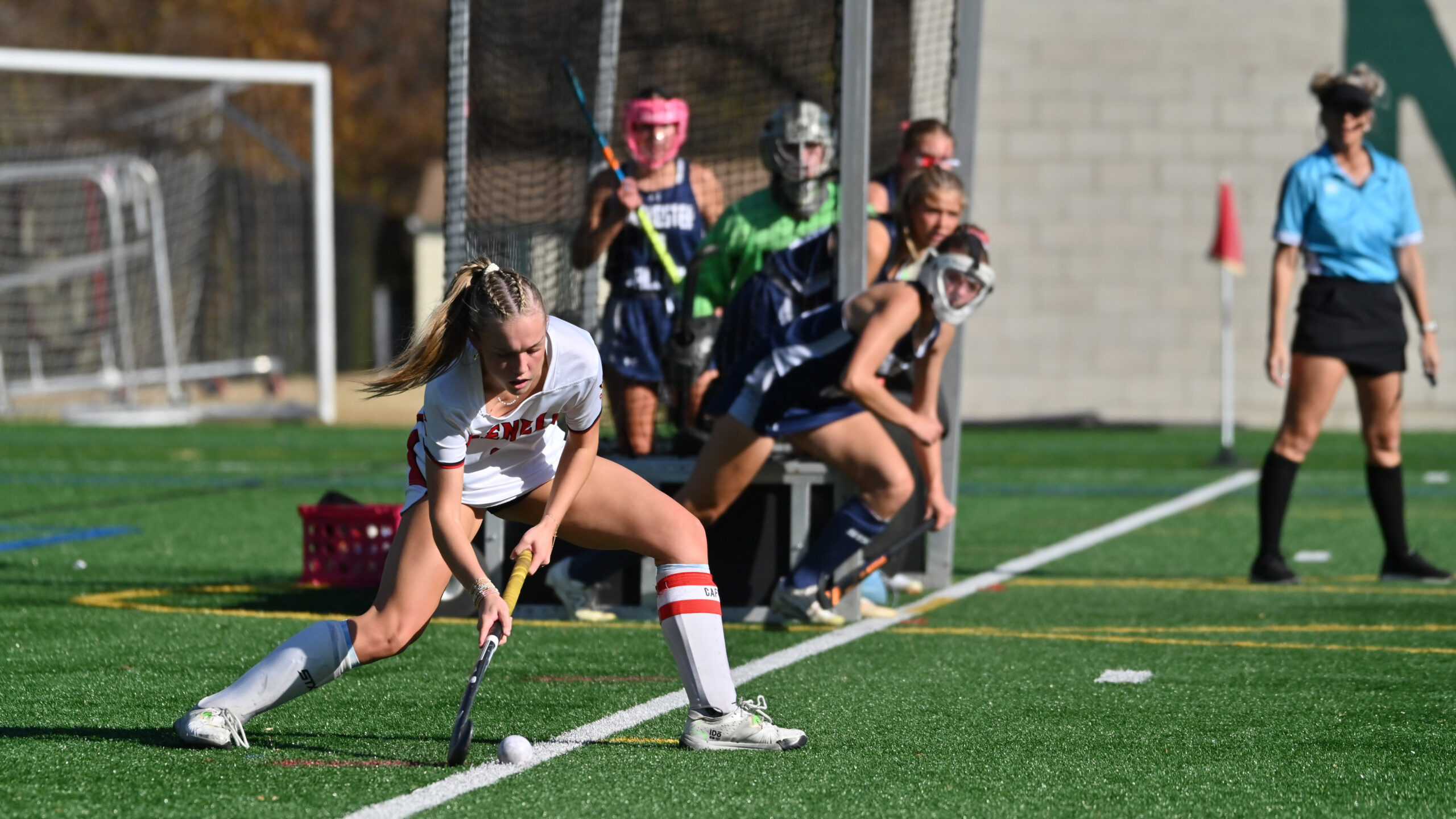 Glenelg's Lexi Winters plays the ball in on a corner...