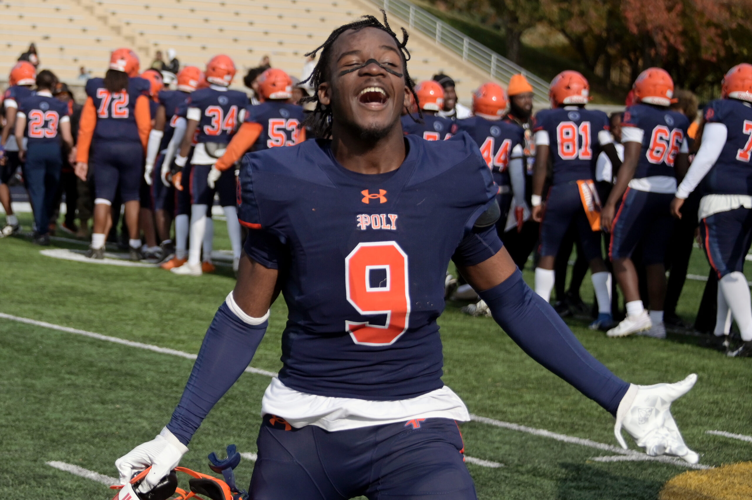 Terrell Fraling-Taylor celebrates Poly’s win over City in the 136th...