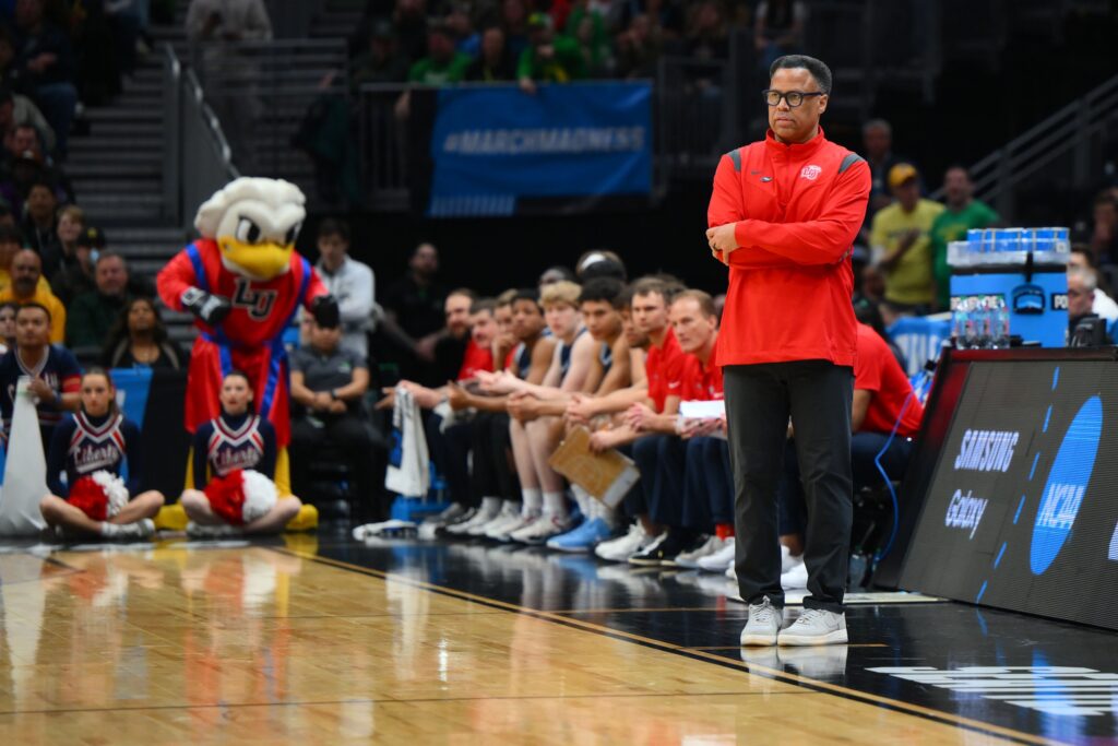 Mar 21, 2025; Seattle, WA, USA; Liberty Flames head coach Ritchie McKay during the first half against the Oregon Ducks in the first round of the NCAA Tournament at Climate Pledge Arena. Mandatory Credit: Steven Bisig-Imagn Images