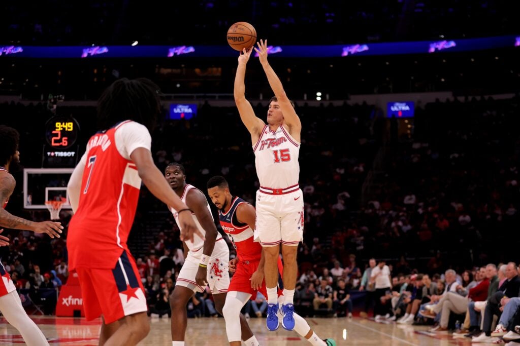 Nov 12, 2025; Houston, Texas, USA; Houston Rockets guard Reed Sheppard (15) shoots outside against the Washington Wizards during the second quarter at Toyota Center. Mandatory Credit: Erik Williams-Imagn Images