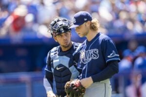 The Rays traded Shane Baz (right) to the Orioles on Friday.