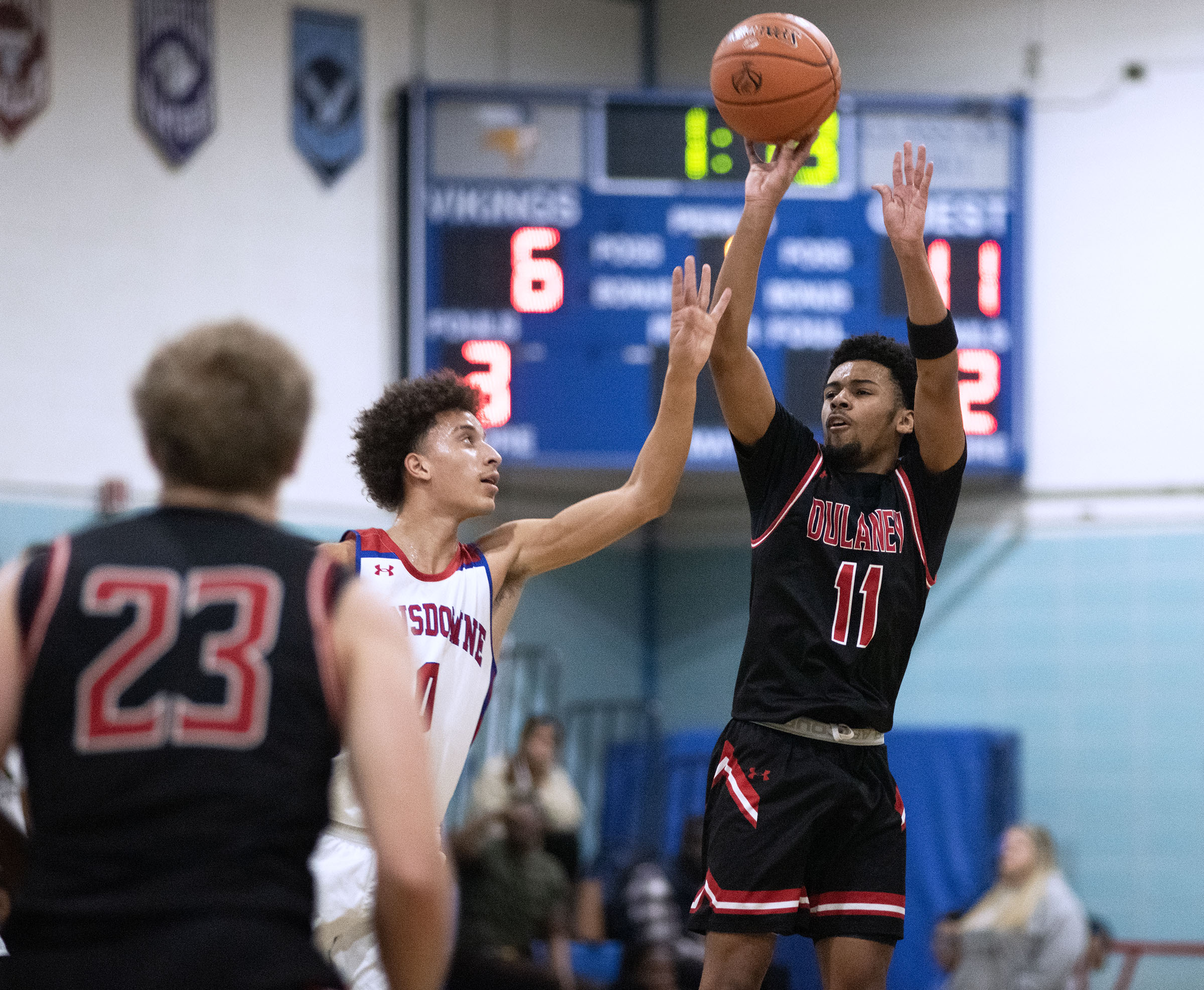 Jan. 7, 2026- Dulaney's Sean McCoy shoots against Lansdowne's Trevor...