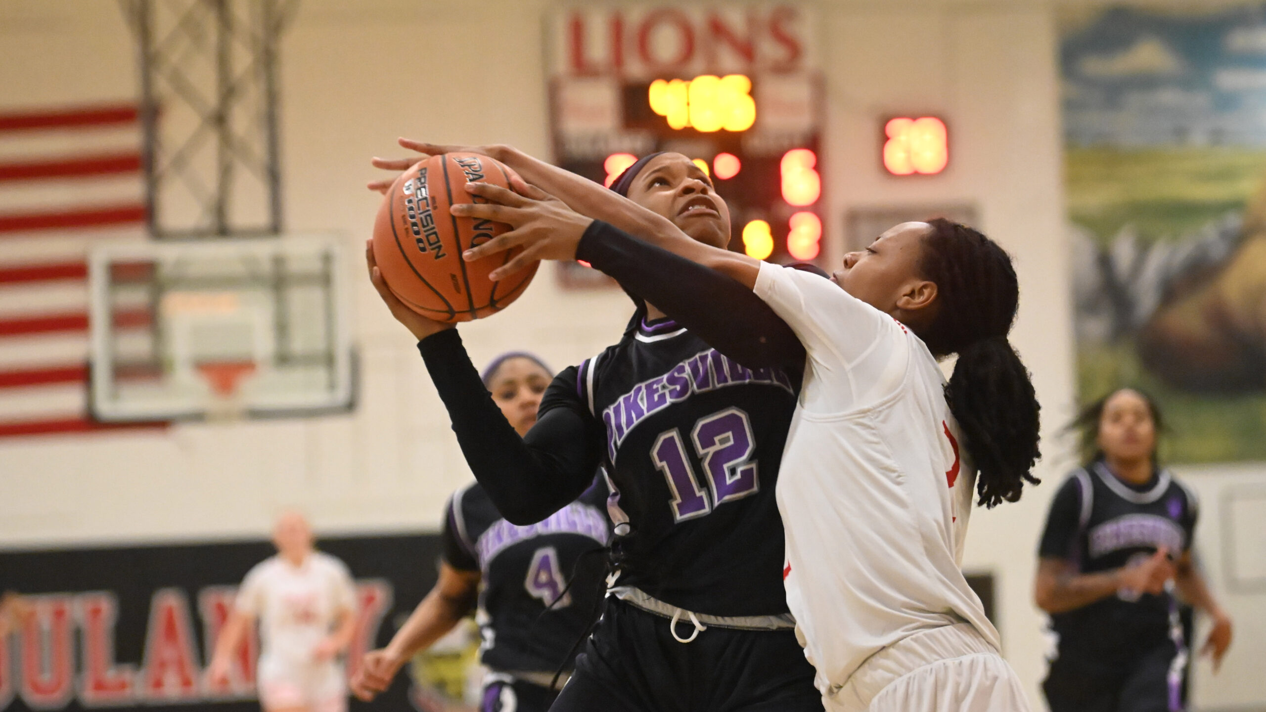 Pikesville's Maya Chase draws contact from Dulaney's Morgan Young as...