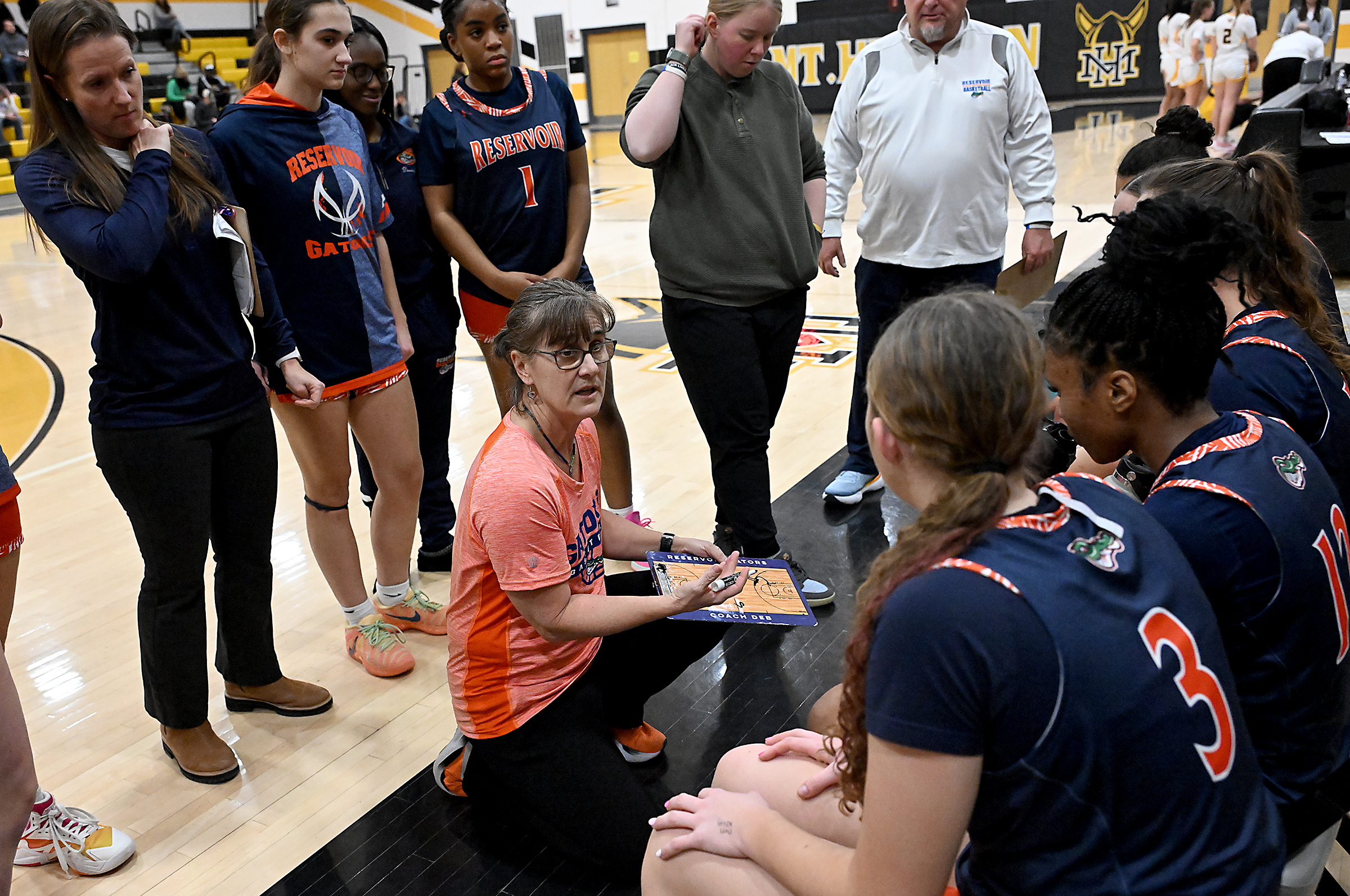 Reservoir girls basketball coach, Deb Taylor during a timeout in...